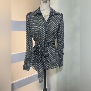 Agora leaf print sheer long sleeve blouse with wrap around SZ small EUC